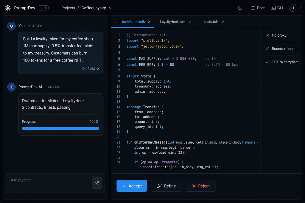 Phalanx AI translates a natural-language prompt into Tolk smart-contract code